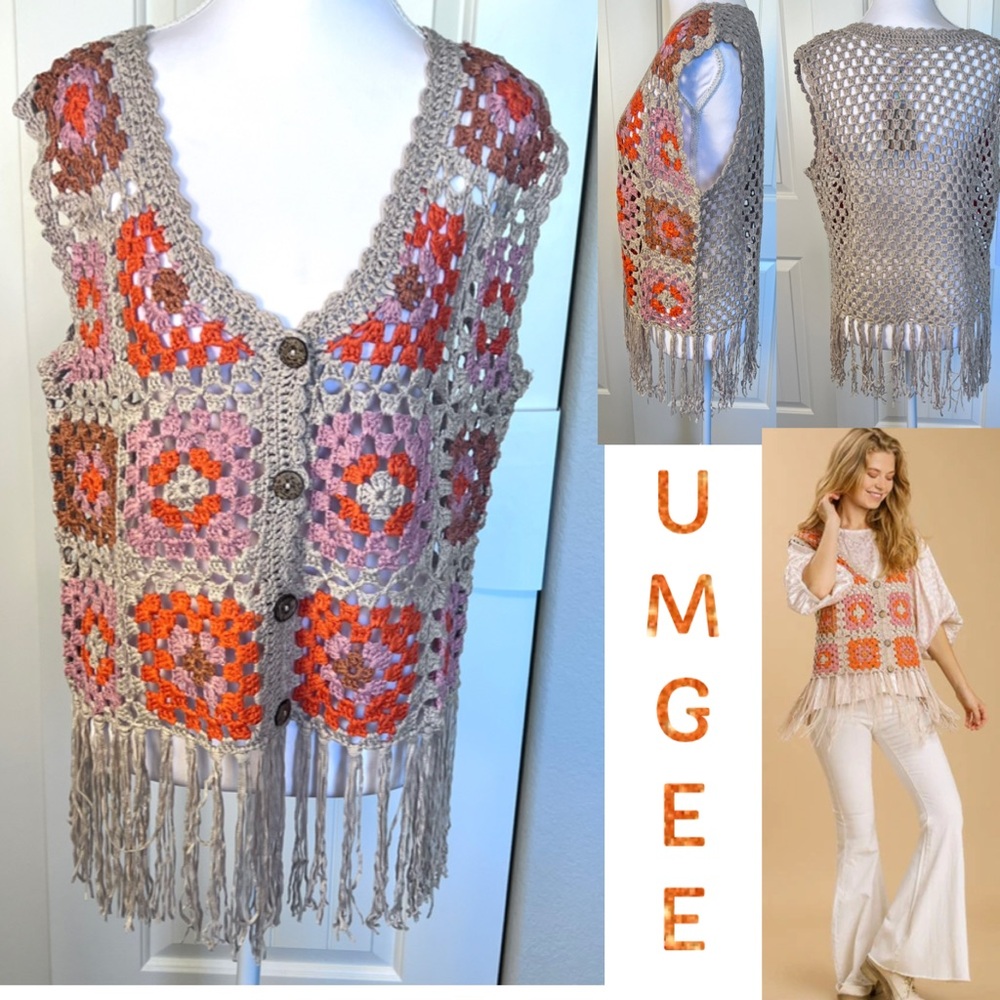 NWT Umgee V-Neck “Celeste” Color Block Taupe Button Detail Crochet Vest Sz Small